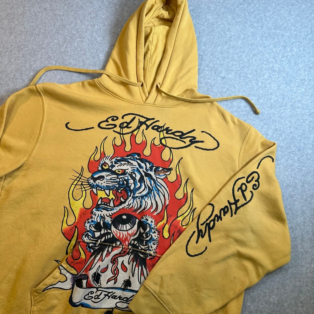 Ed Hardy Mens Yellow Tiger Eyeball Graphic Hoodie XL EHM1300-45